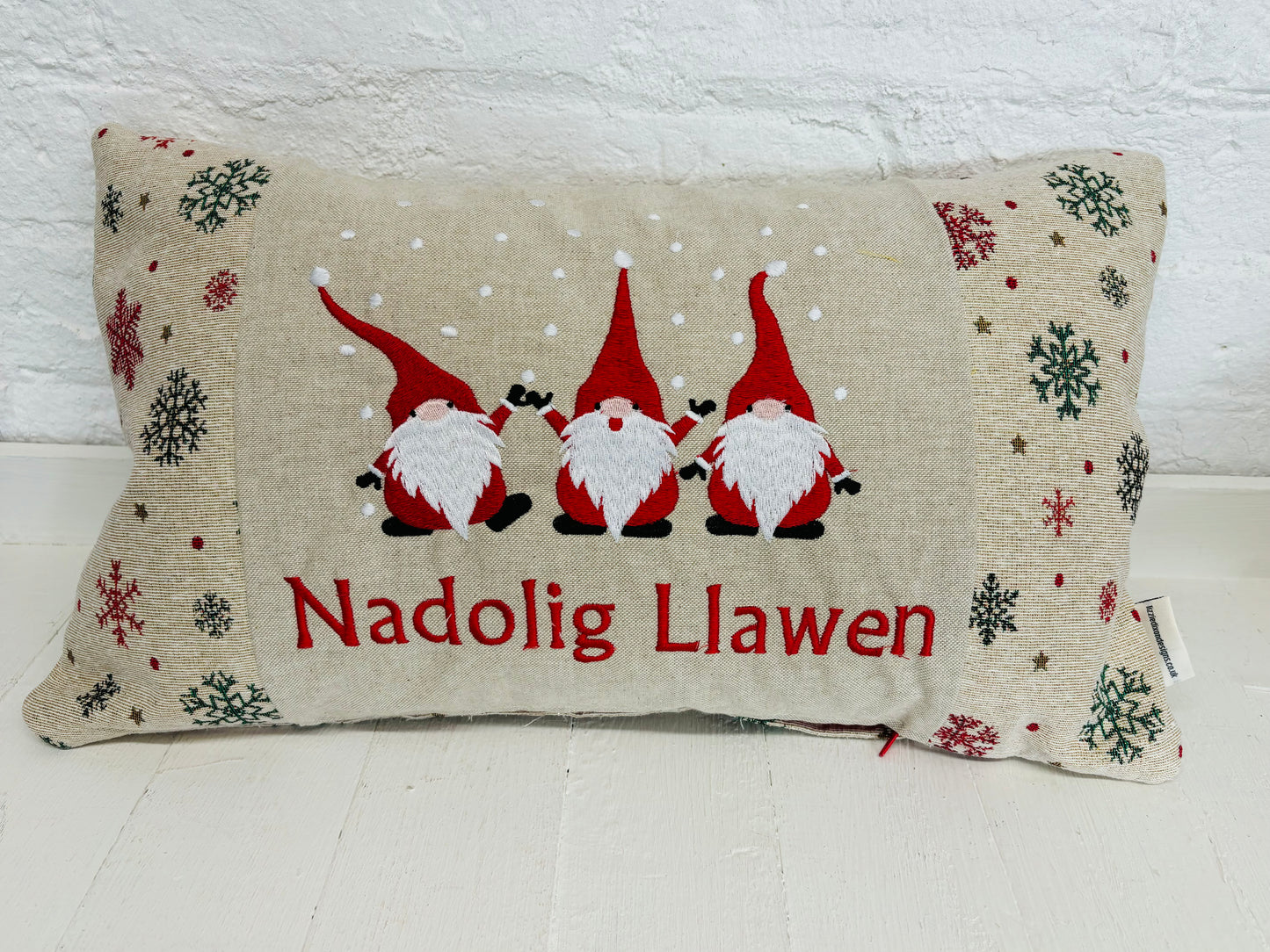 Nadolig Llawen Gnomes Cushion, Festive Cushion-Festive Gnomes- Christmas Gnomes- Gold Snowflake -Christmas decor