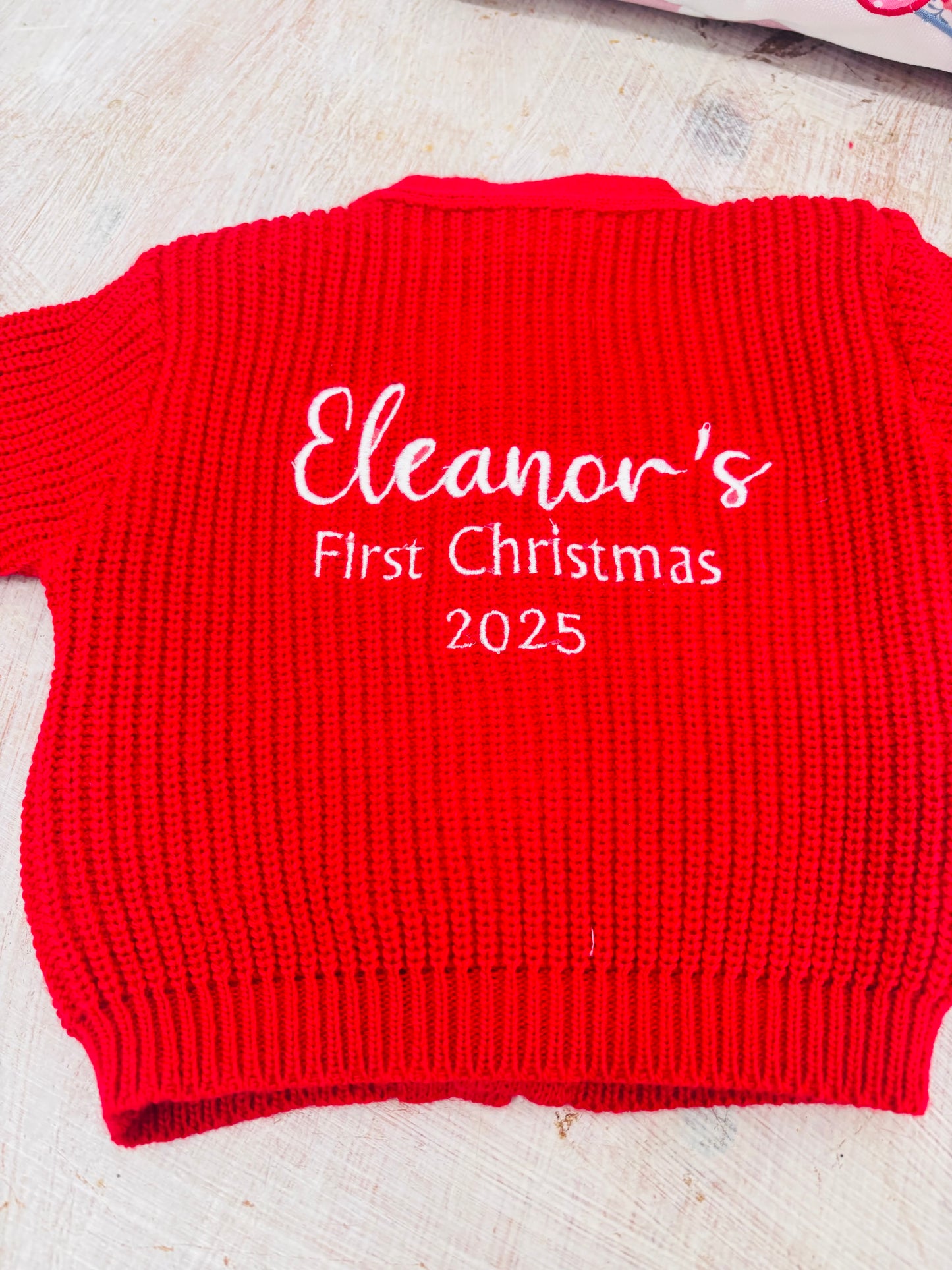 Red Personalised Knitted Baby Cardigan.