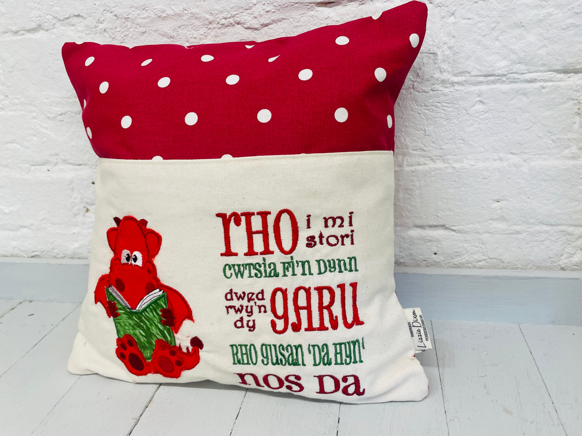 Cute Red Dragon Children’s Reading Book Cushion available in Welsh or English
