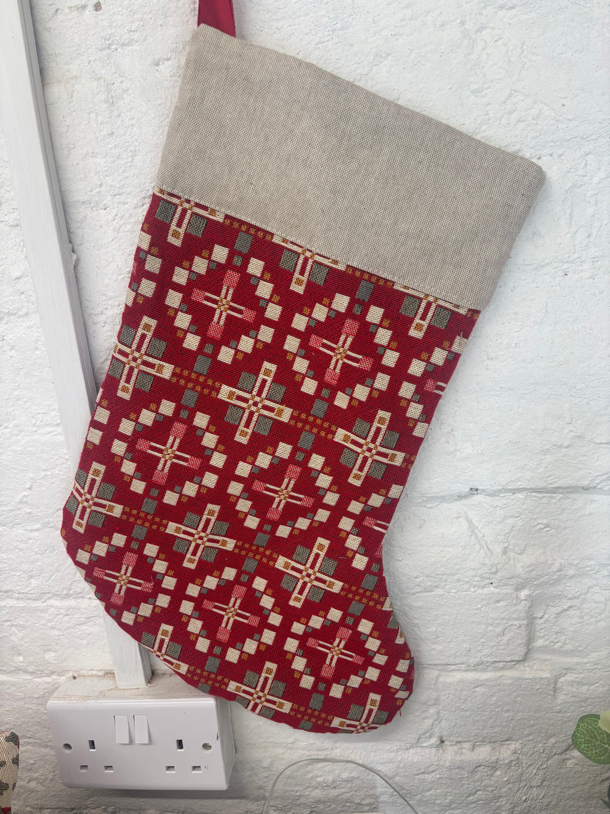 Christmas Stocking- Red Vintage Cross -Nadolig Llawen- Merry Christmas  or Personalised Stocking