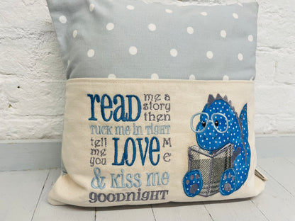 Blue Dino Children's Reading Book Cushion- Blue Dotty-English or Welsh