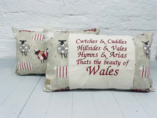 Sheep Design-Cwtches & Cuddles Welsh quote long cushion