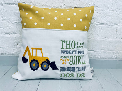 Digger with Welsh saying Children's Reading Book Cushion.