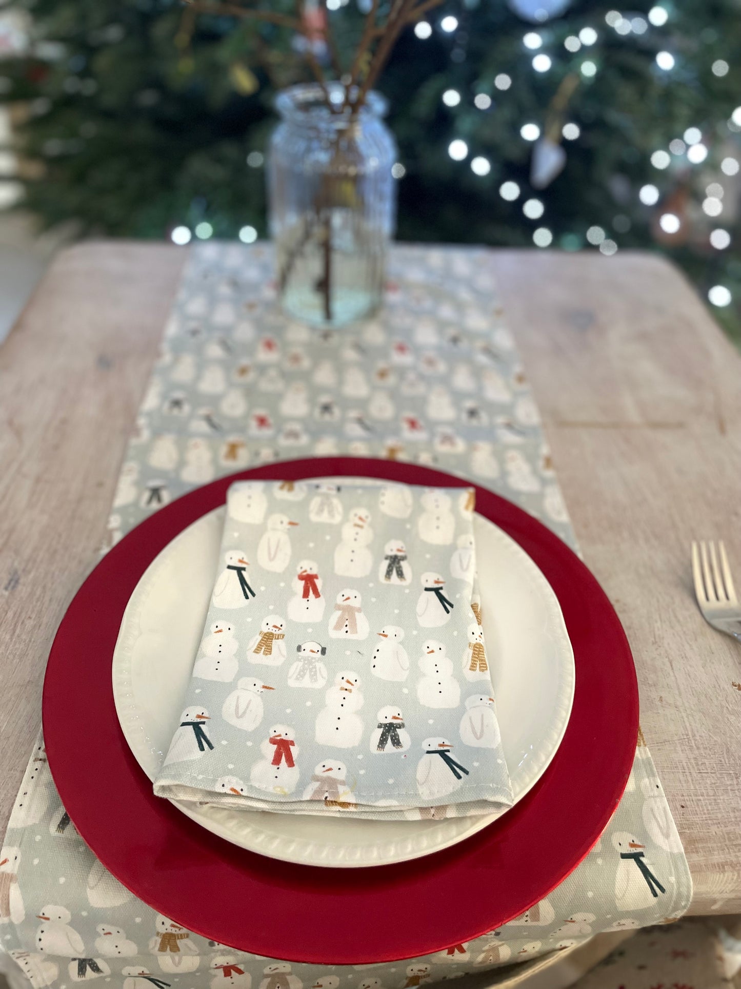 Snow man fabric Napkins Festive table- and Christmas Trees, Handmade festive Napkins - Fabric Napkins