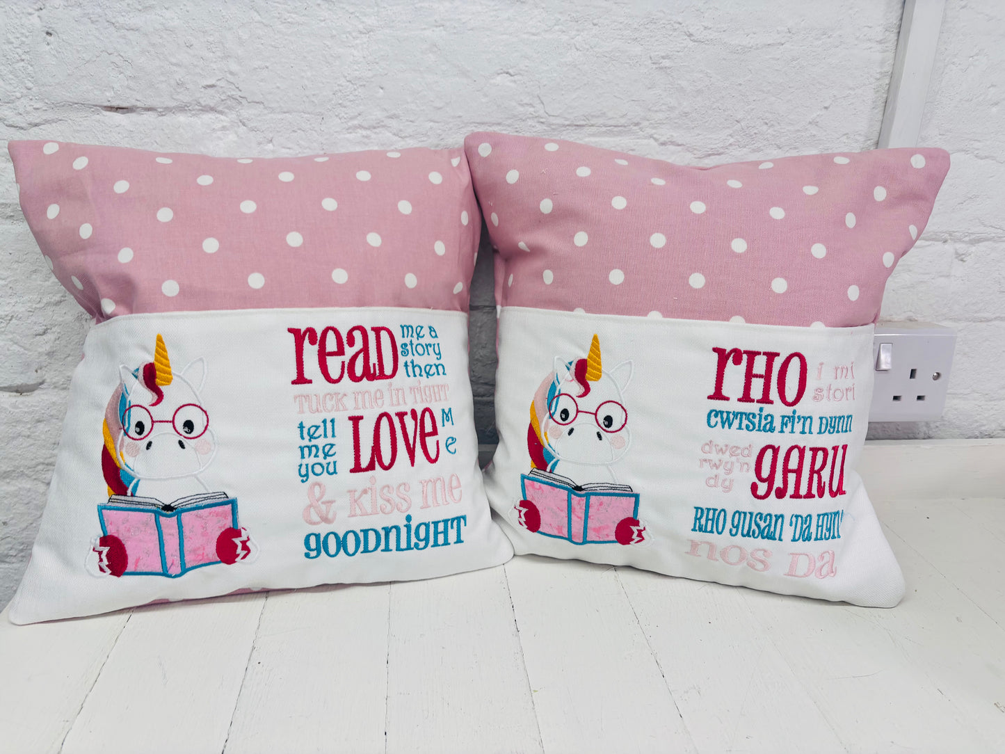 Cute Unicorn Children’s Book Cushion available in Welsh and English
