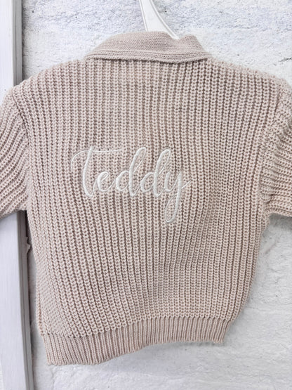 Taupe Personalised Knitted Baby Cardigan