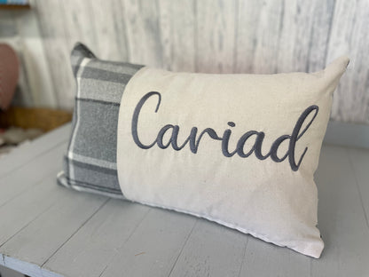 Cariad Cushion- Wool touch long cushion-Welsh quote cushion