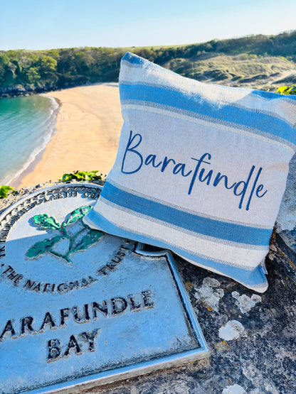 Beachy vibe Blue and Cream stripe-Any Place Name Square cushion