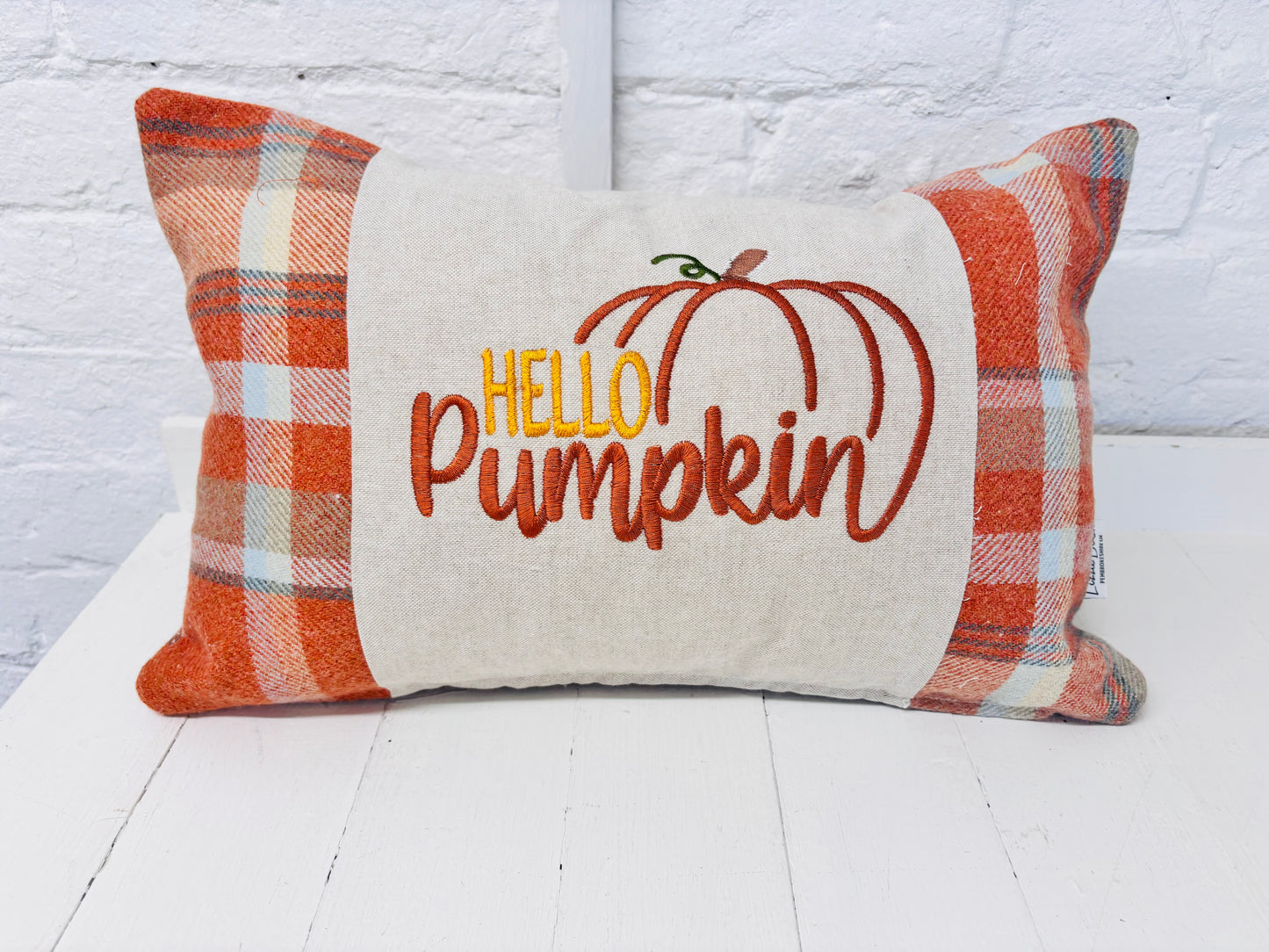 Hello pumpkin Cushion-Autumnal cushion- Orange and cream Plaid Cushion.