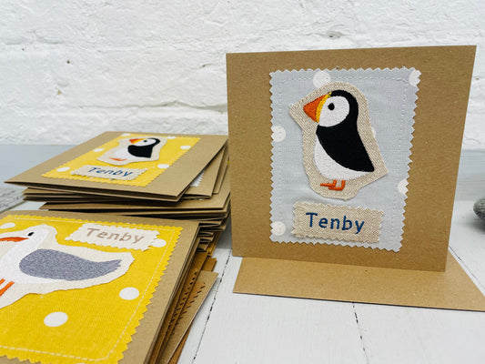 Tenby Puffin Greeting Card- Dotty Fabric