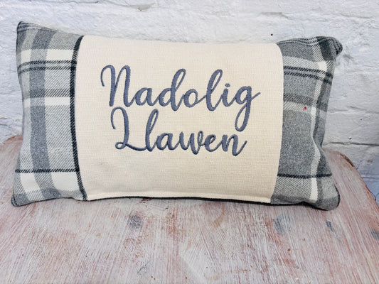 Nadolig Llawen Christmas Cushion- Grey Wool cushion.