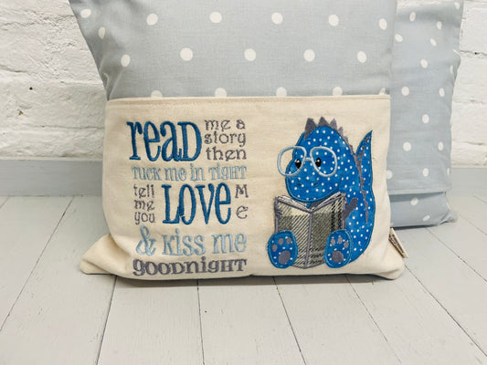 Blue Dino Children's Reading Book Cushion- Blue Dotty-English or Welsh
