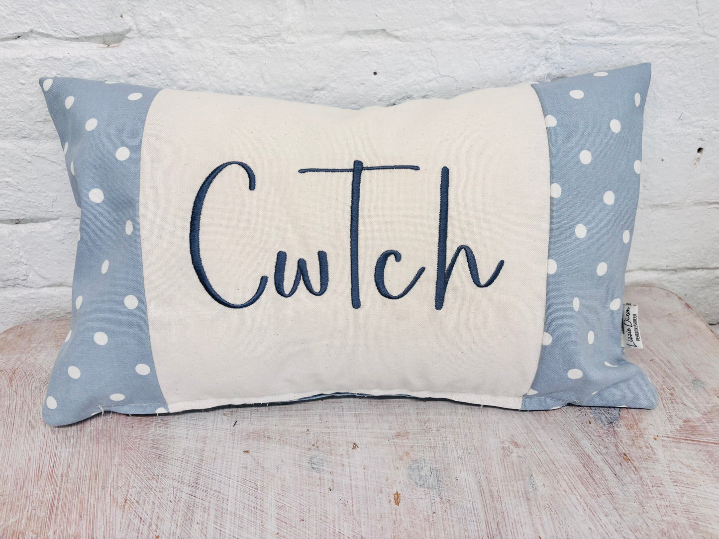 Costal Cwtch Long Cushion- Blue Dotty
