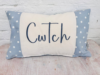 Costal Cwtch Long Cushion- Blue Dotty