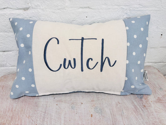 Costal Cwtch Long Cushion- Blue Dotty