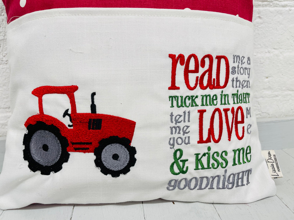 Red Tractor Children’s Book Cushion available in Welsh or English