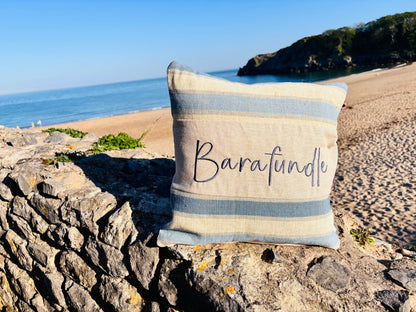 Beachy vibe Blue and Cream stripe-Any Place Name Square cushion