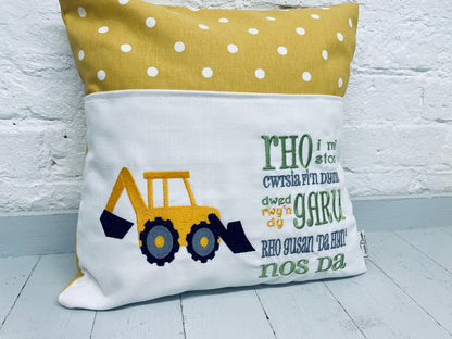 Digger with Welsh saying Children's Reading Book Cushion.