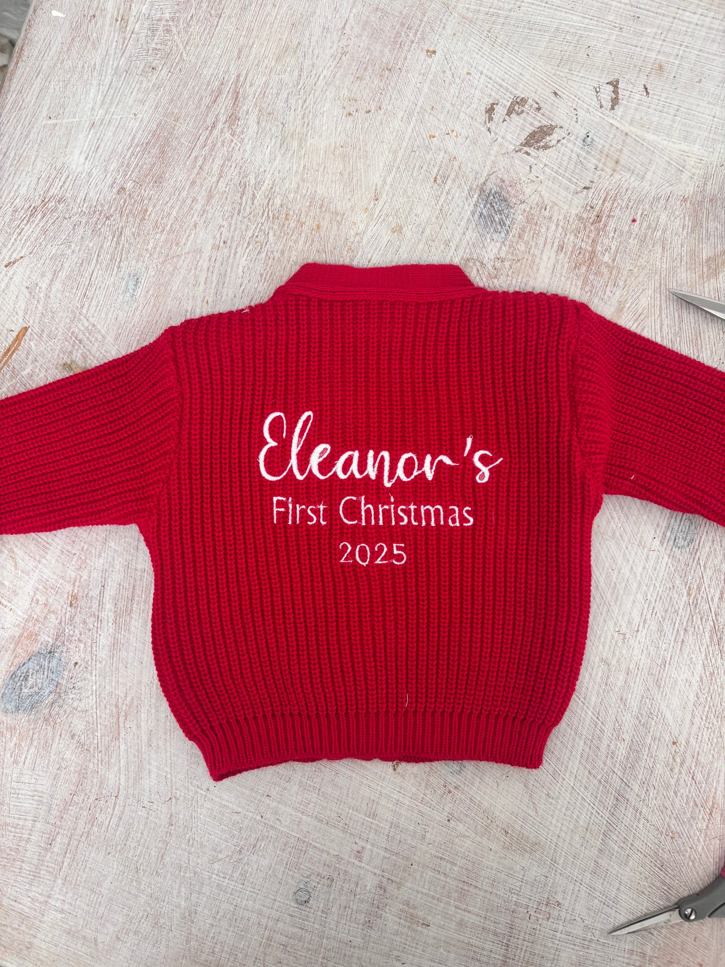 Red Personalised Knitted Baby Cardigan.