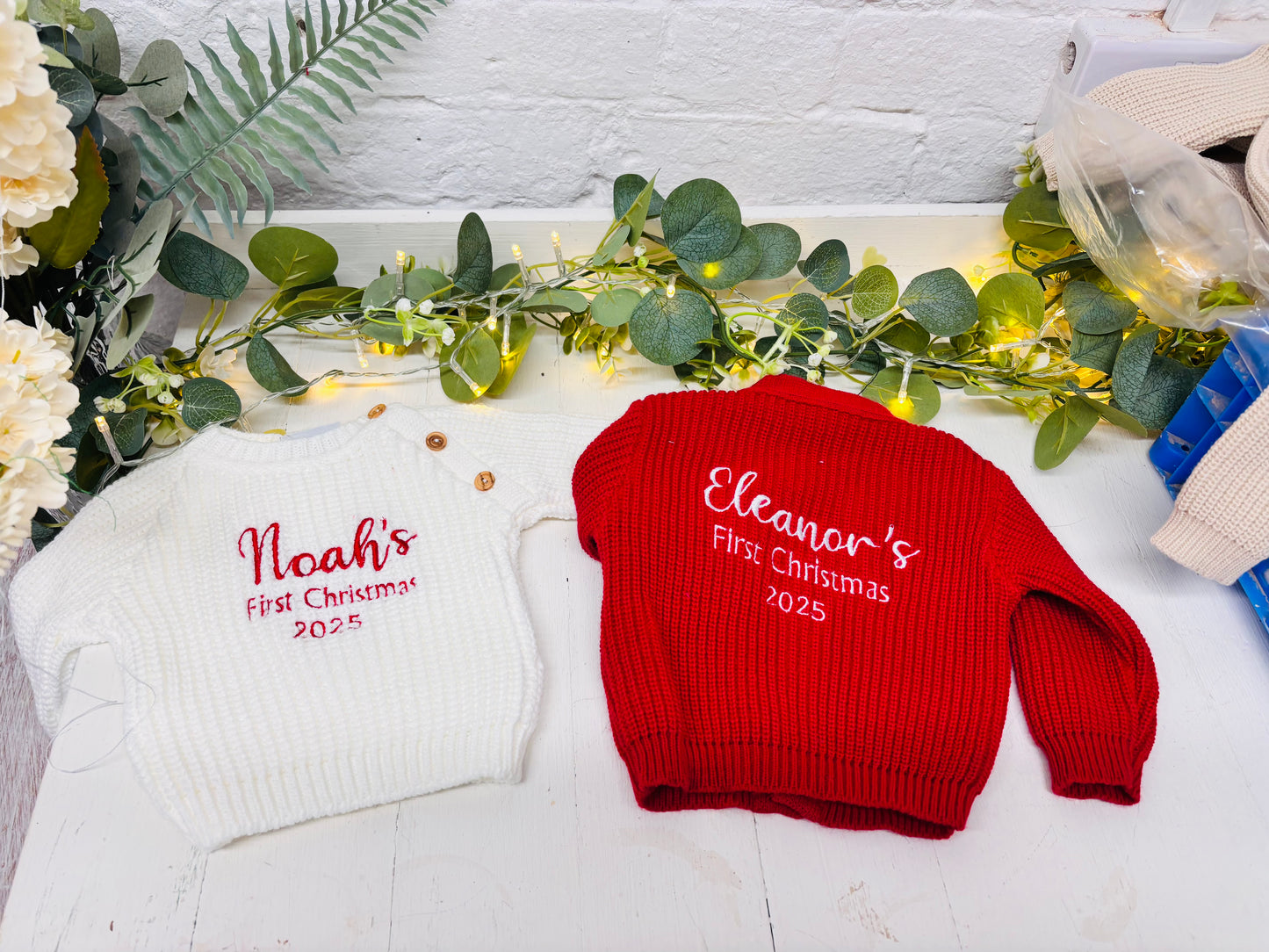 My first Christmas Knitted jumper ivory with red text
