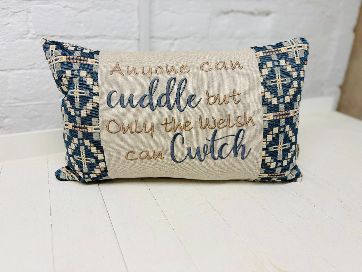 Vintage Cross Welsh Blanket style Calon Hapus.. Calon Lan Cushion-Personalised Cushion- Quote  Cushion-welsh tapestry style long cushion.