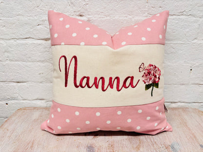 Pink Dotty & Hydragea  Personalised Mother’s Day Cushion-Pink Dotty and snowdrops- Mamgu cushion-Mamgu gift