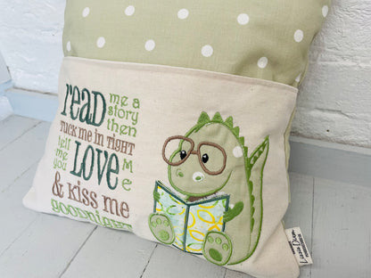 Green Dino Children's Reading Book Cushion-Green Dotty English or Welsh.