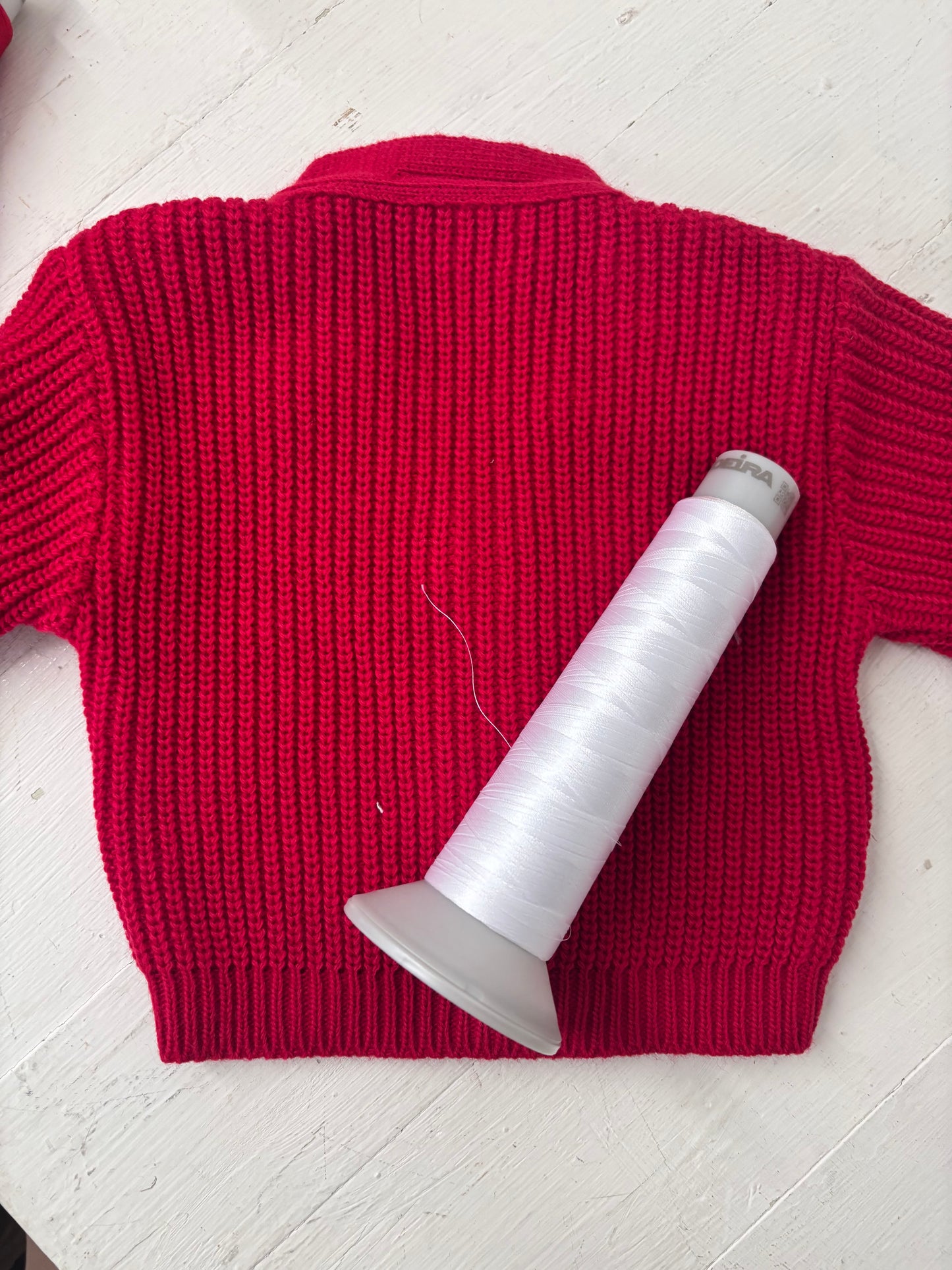 Red Personalised Knitted Baby Cardigan.