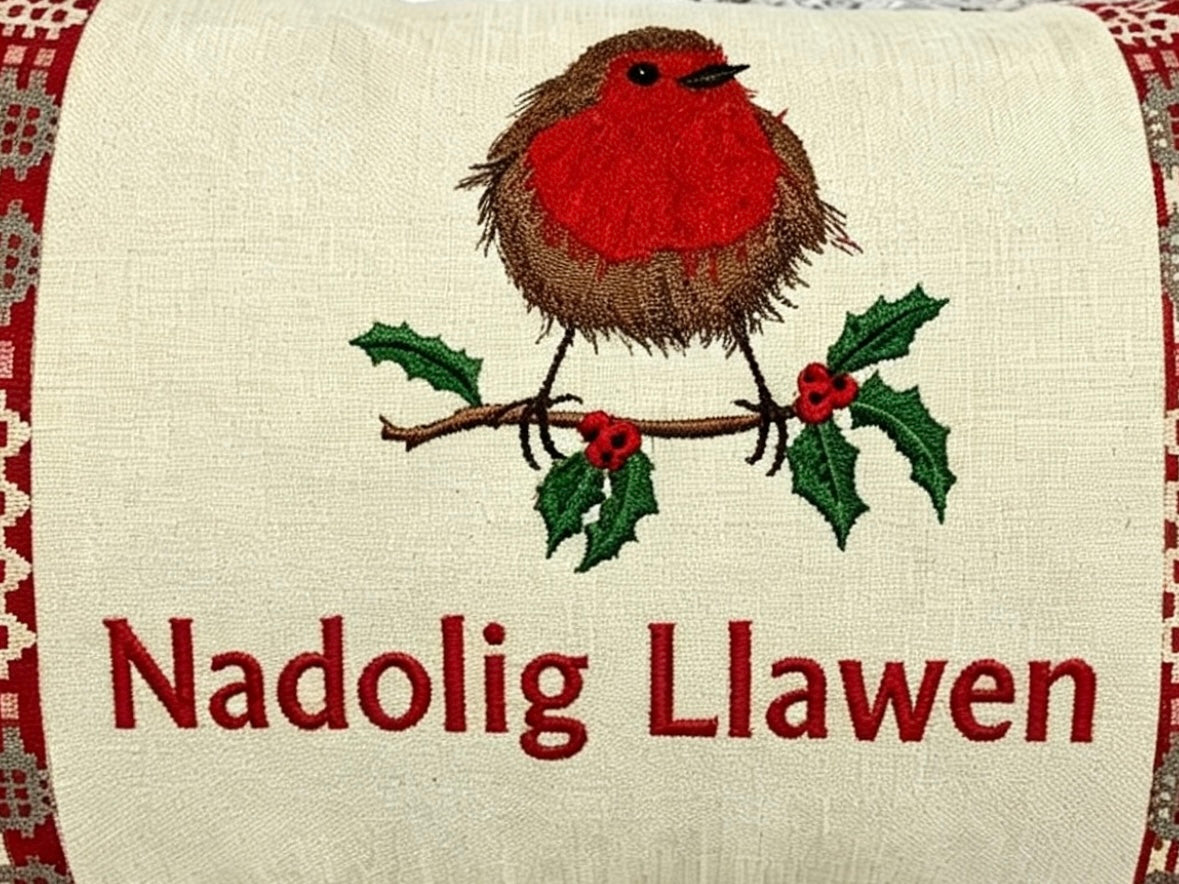Robin Nadolig llawen Red Welsh Blanket Cushion .