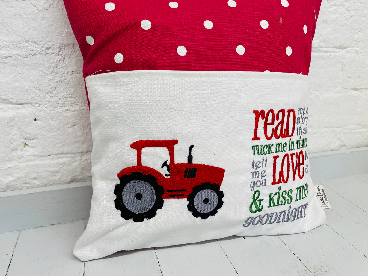 Red Tractor Children’s Book Cushion available in Welsh or English