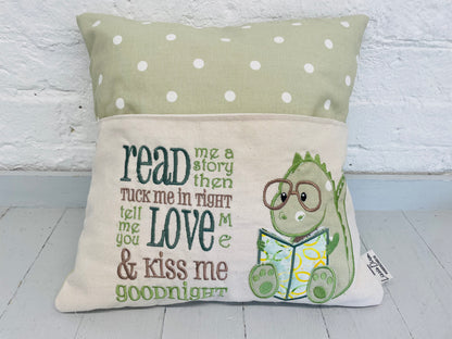 Green Dino Children's Reading Book Cushion-Green Dotty English or Welsh.