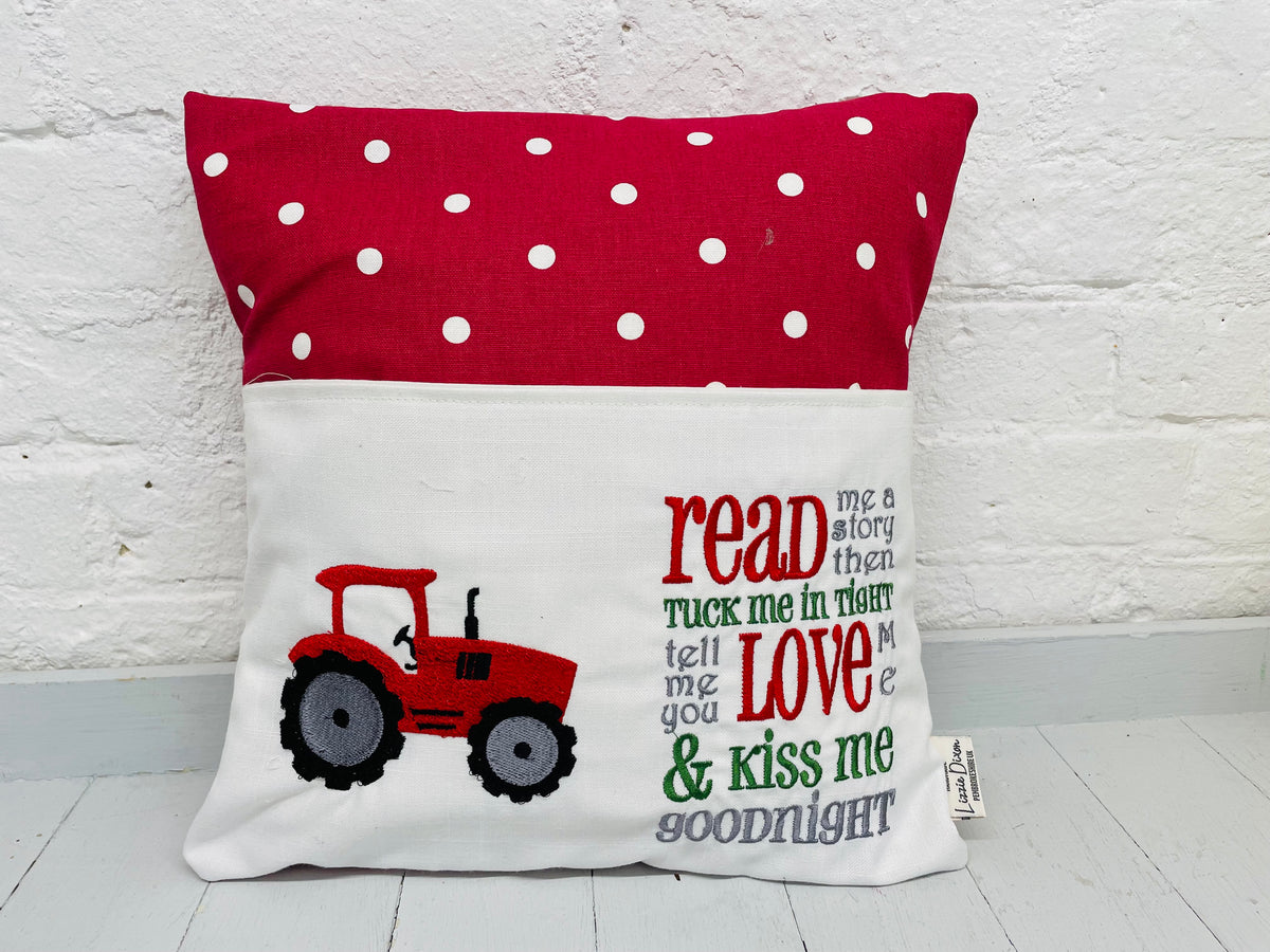Red Tractor Children’s Book Cushion available in Welsh or English