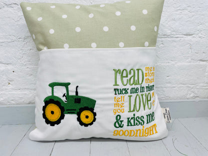 Green Tractor Children's Reading Book Cushion.