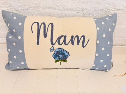 Blue Dotty & Hydragea  Personalised Mother’s Day Cushion- Blue  Dotty and Hydrangea - Mamgu cushion-Mamgu gift