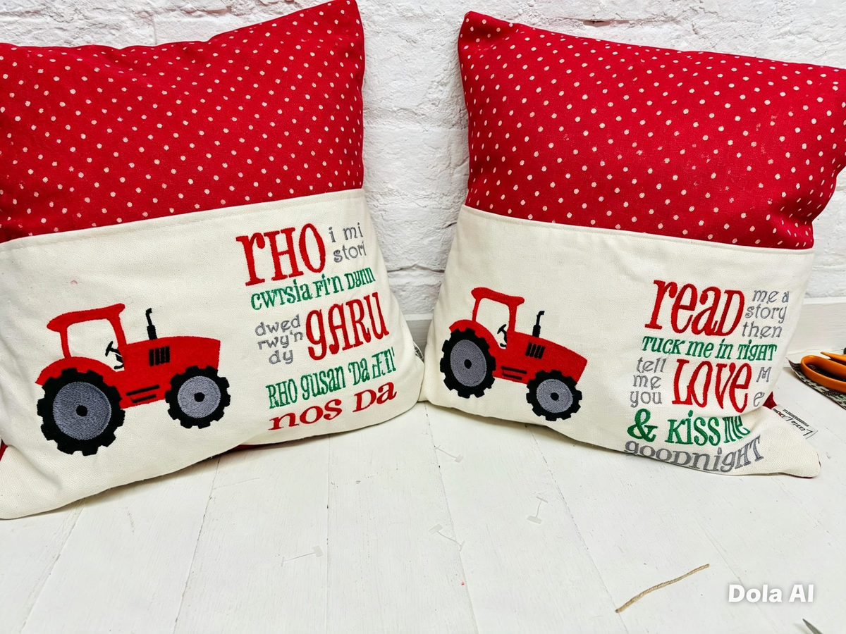 Red Tractor Children’s Book Cushion available in Welsh or English