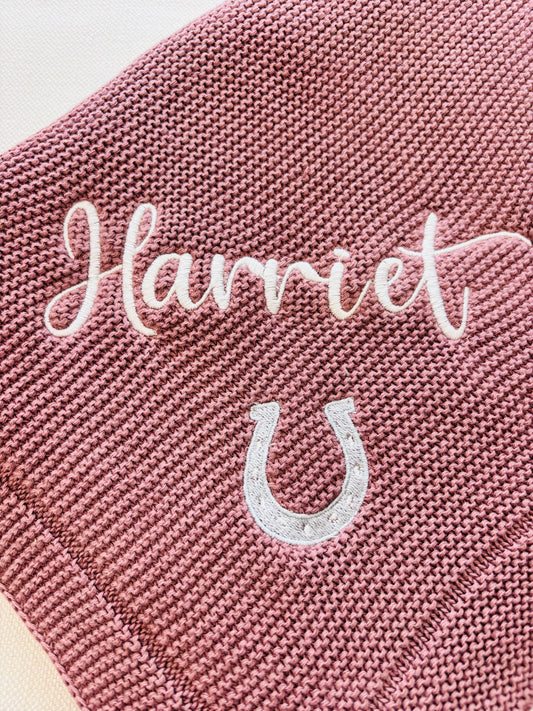 Personalised Baby knitted Blanket – Name and a Horse Shoe