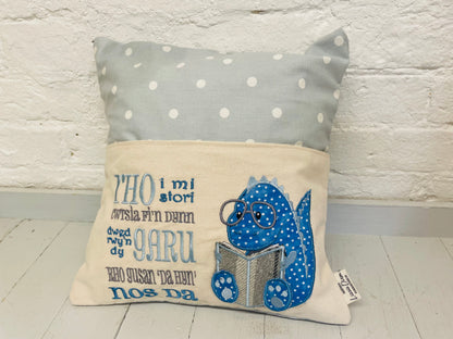 Blue Dino Children's Reading Book Cushion- Blue Dotty-English or Welsh
