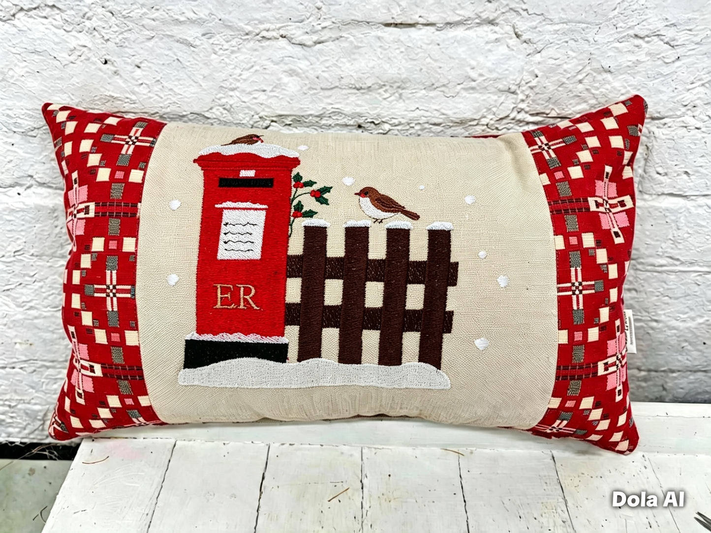 Christmas post box Cushion. Merry Christmas /Nadolig Llawen all Letters to Santa Cushion snowy postbox and robin nostalgic Xmas scene handmade Christmas cushion