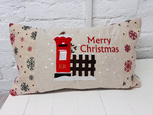 Christmas post box Cushion. Merry Christmas /Nadolig Llawen all Letters to Santa Cushion snowy postbox and robin nostalgic Xmas scene handmade Christmas cushion