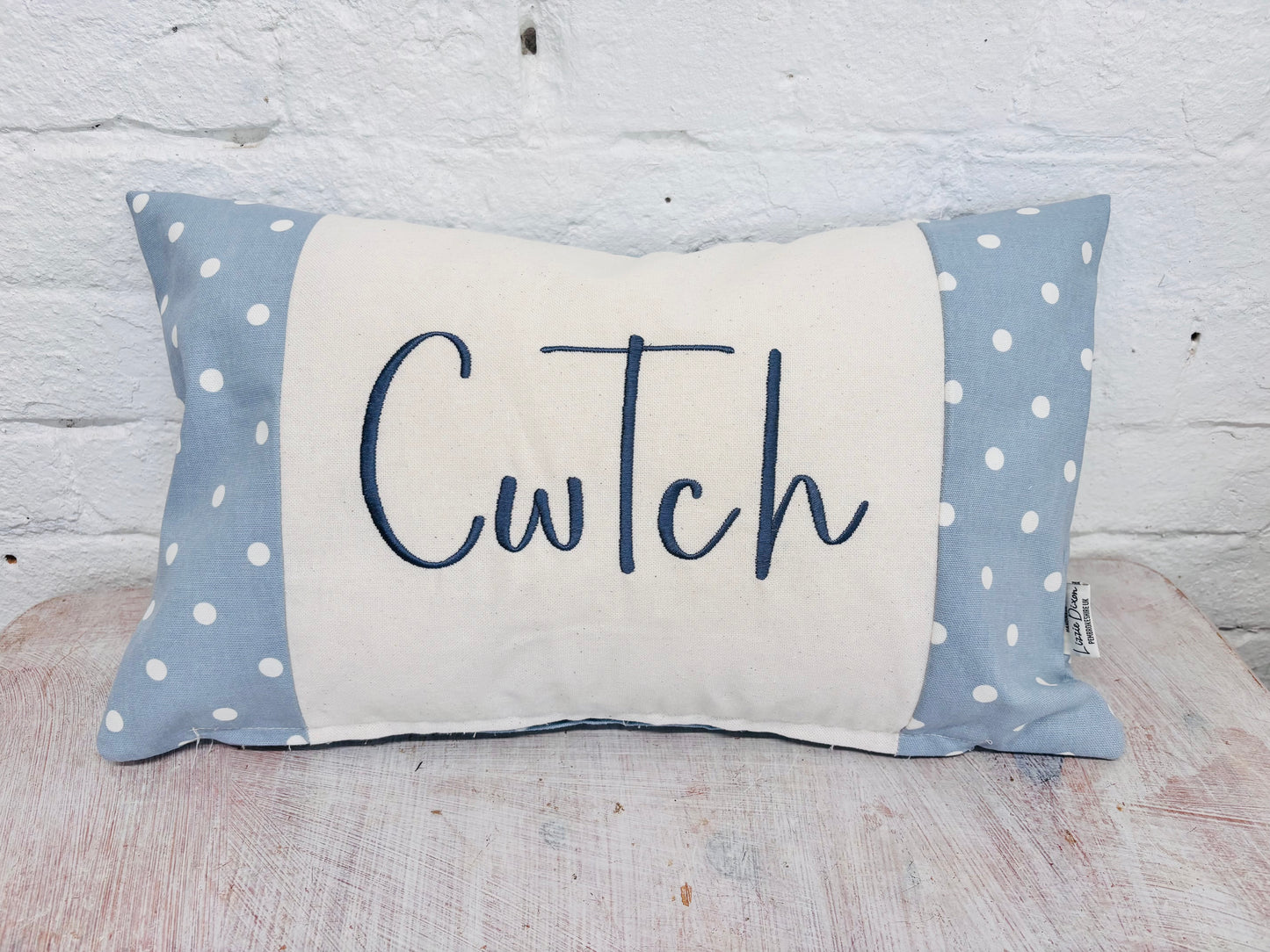Costal Cwtch Long Cushion- Blue Dotty