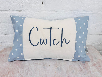 Costal Cwtch Long Cushion- Blue Dotty