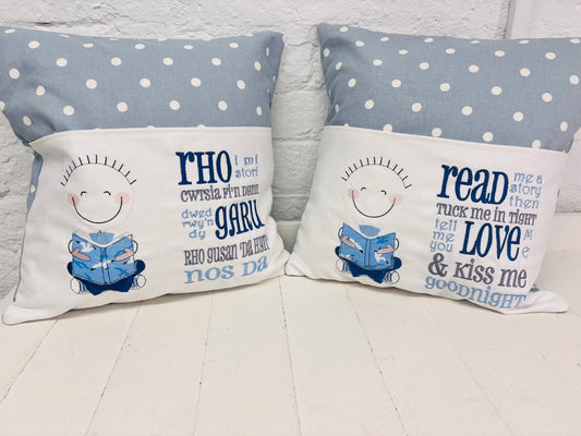 Little Boy Children's Reading Book Cushion in Welsh and English
