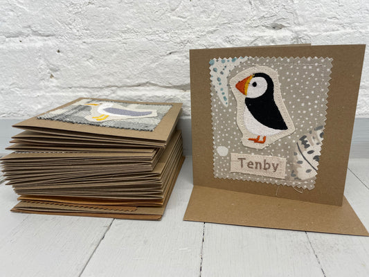 Tenby Puffin Greeting Card-Shell Fabric