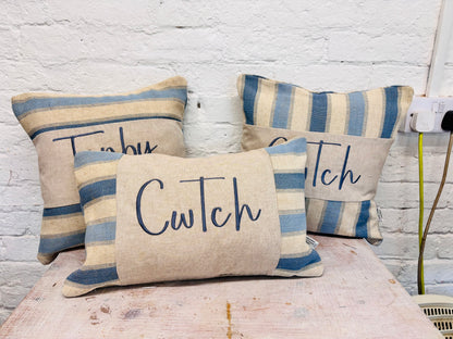 Beachy vibe Blue and Cream stripe-Any Place Name Square cushion
