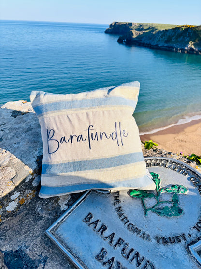 Beachy vibe Blue and Cream stripe-Any Place Name Square cushion