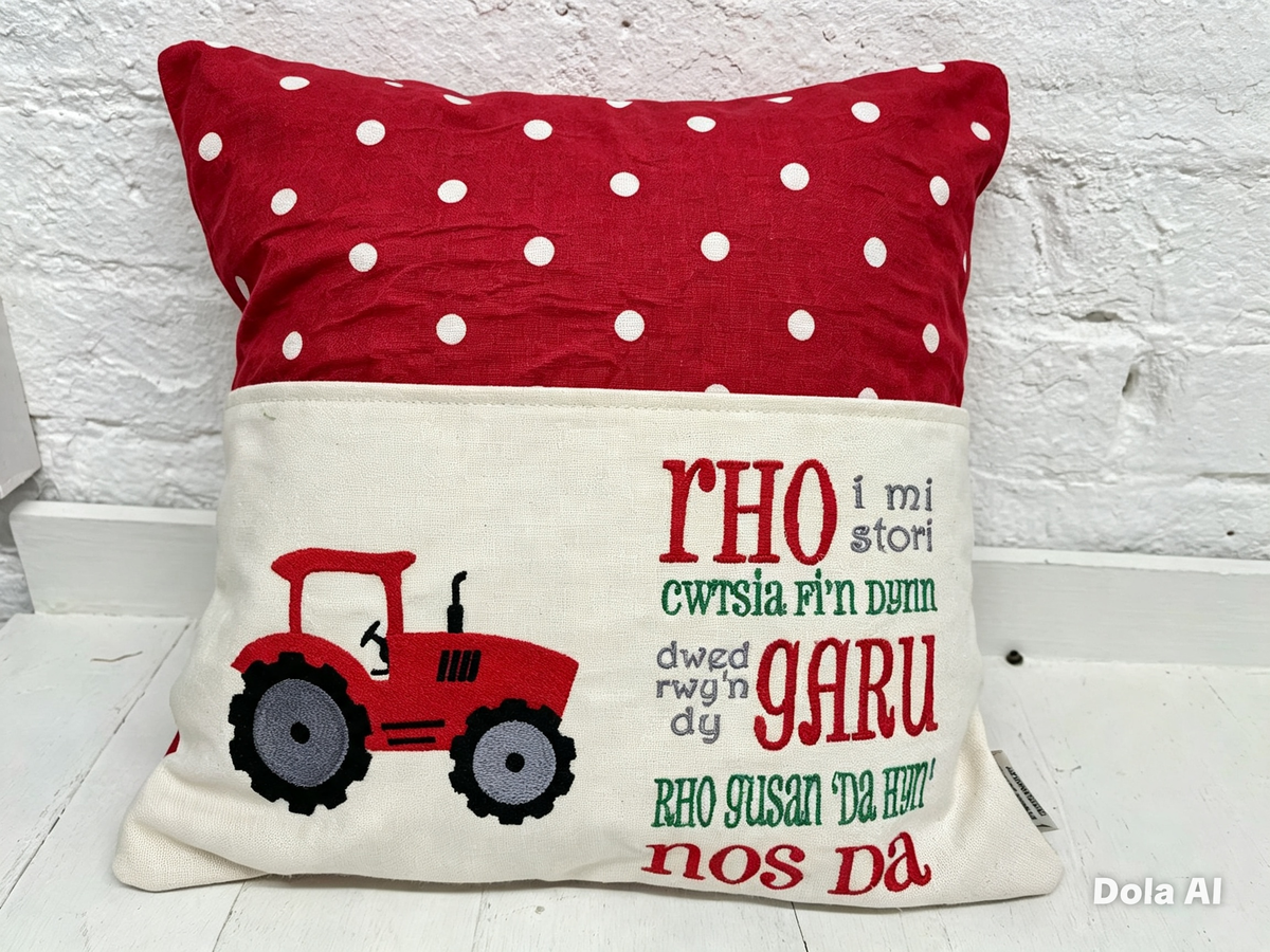 Red Tractor Children’s Book Cushion available in Welsh or English