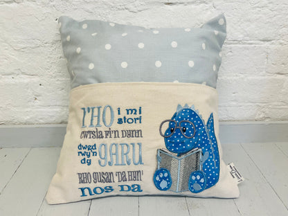 Blue Dino Children's Reading Book Cushion- Blue Dotty-English or Welsh