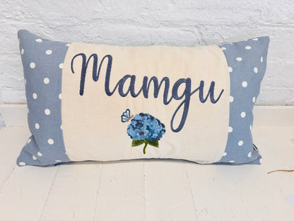 Blue Dotty & Hydragea  Personalised Mother’s Day Cushion- Blue  Dotty and Hydrangea - Mamgu cushion-Mamgu gift