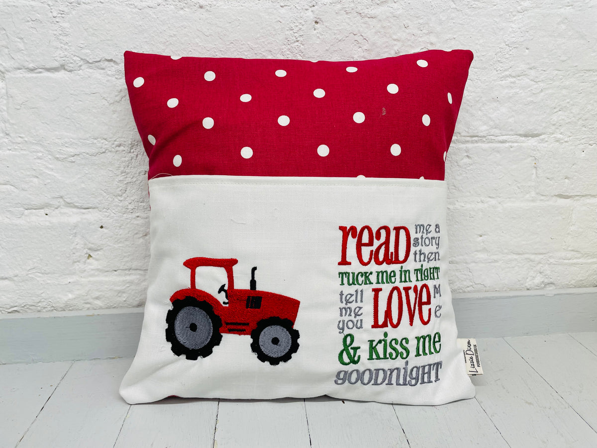 Red Tractor Children’s Book Cushion available in Welsh or English