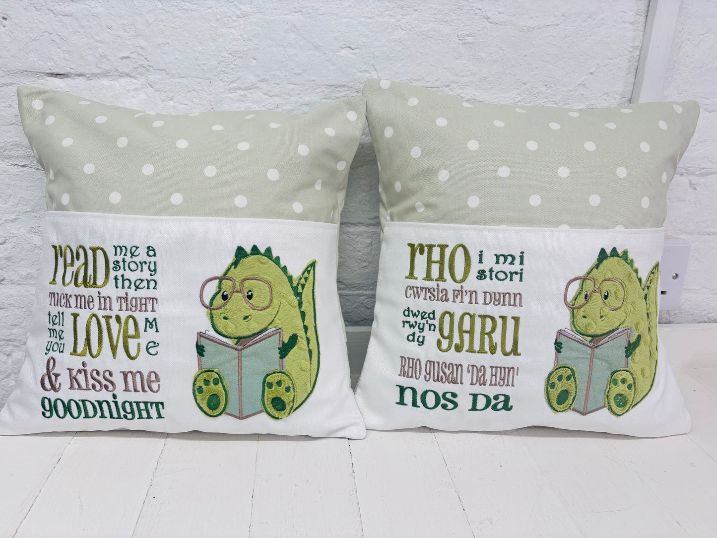 Green Cute Dino with English or Welsh Saying
